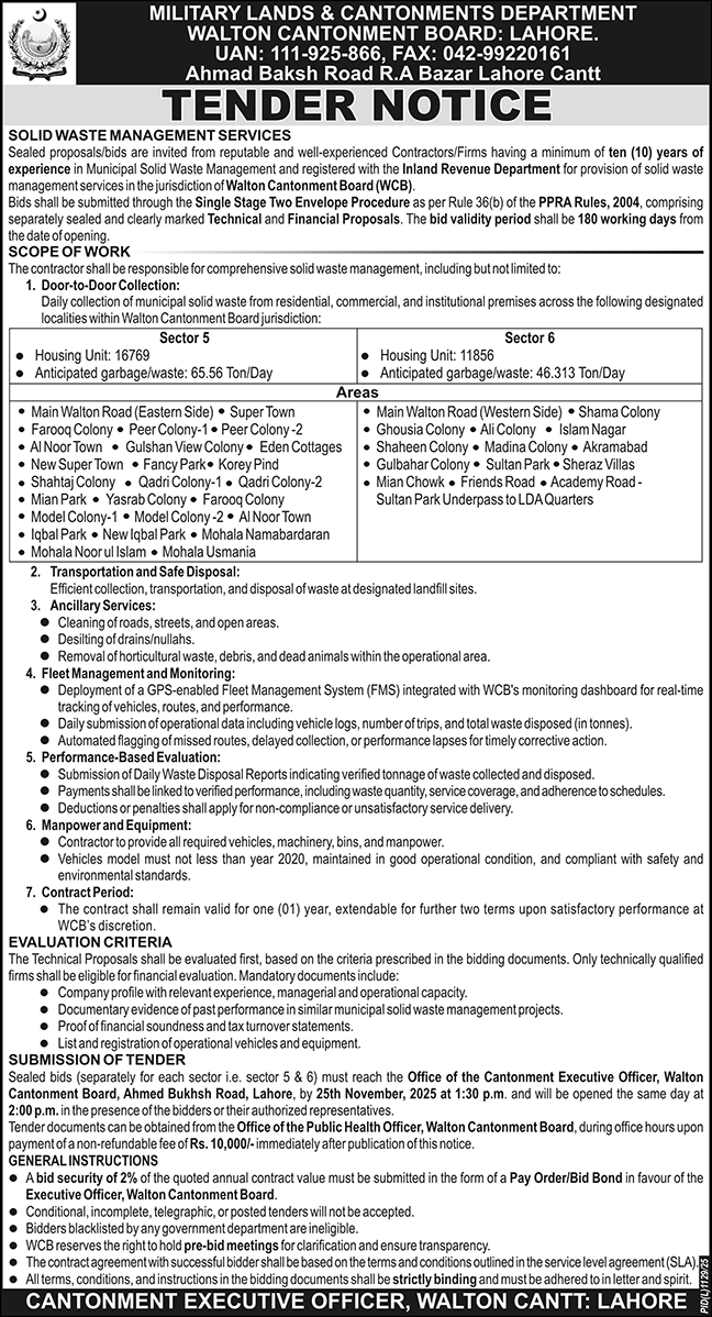Military Lands & Cantonment Department Lahore Tender Notice